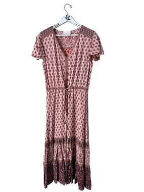 Böhme Pink Multi Paisley Midi Dress With Cinch Waist & Flutter Sleeve Size M